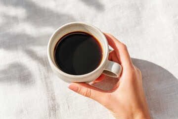 Woman holding cup of black coffee on white linen tablecloth under sunlight