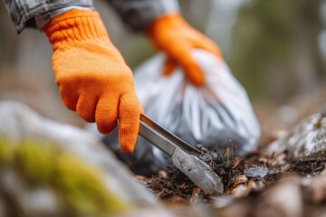 Individual wearing orange gloves collects litter with tongs, placing waste into a black bag, surrounded by natural scenery, promoting environmental awareness and community involvement