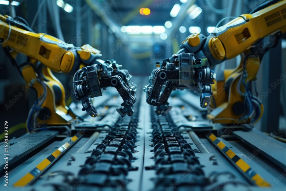 Poster two robotic arms performing tasks on an assembly line inside a technologically advanced factory