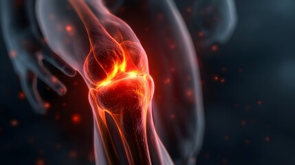 Medically accurate illustration of a painful, inflamed knee joint highlighted with glowing red and orange effects