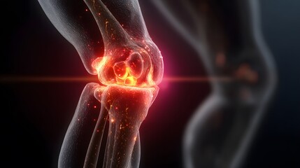 Medically accurate illustration of a painful, inflamed knee joint highlighted with glowing red and orange effects