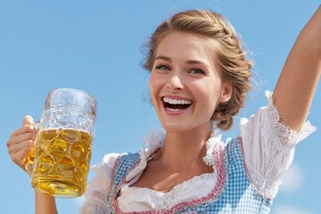 Woman in traditional attire joyfully raises a large beer mug, celebrating with a bright smile under a clear blue sky, embodying festive spirit and cultural heritage