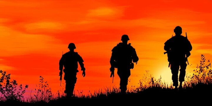 silhouette of a group of soldiers walking at sunset