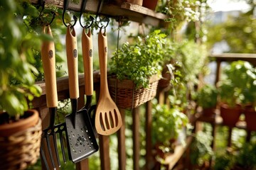 A charming balcony garden with hanging plants, wooden railing, and gardening tools, showcasing a rustic and tranquil outdoor space with fresh herbs and vegetables.