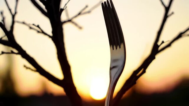 A close up of a fork with a tree silhouette against a bright sunset background in the evening light