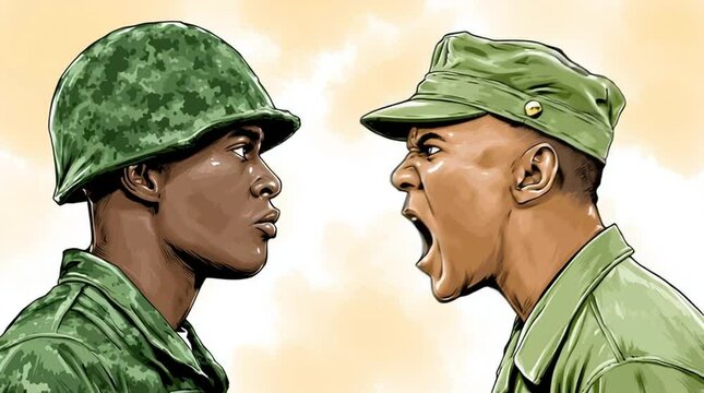 An Army NCO yells at a cadet in training