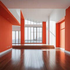 Spacious Modern Apartment Interior with Orange Walls and City Views
