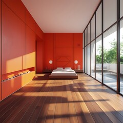 Modern Orange Bedroom with Large Windows and Hardwood Floors