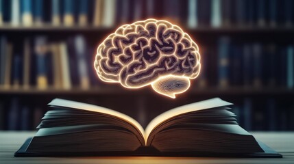 A glowing brain floats above an open book in a dark library, symbolizing knowledge, intelligence, and learning. Soft light and sharp focus create a surreal, thought-provoking scene.