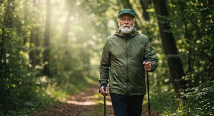 Elderly man walking with hiking poles in sunny forest pathway  