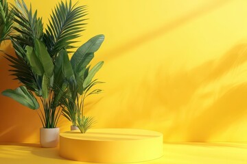Yellow background with tropical plants and display podium
