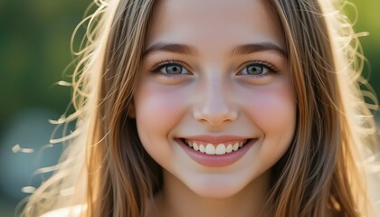 Joyful 11-year-old European girl with long light brown hair smiling, close-up shot