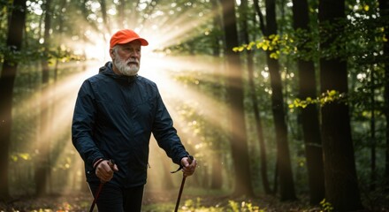 Elderly man walking in forest with hiking poles during sunrise  