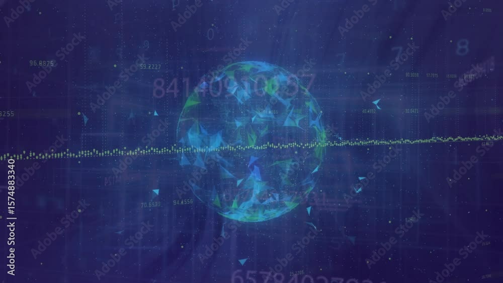 Poster materializing sphere rotating and emitting shards while waveform pulsing, visualizing live data
