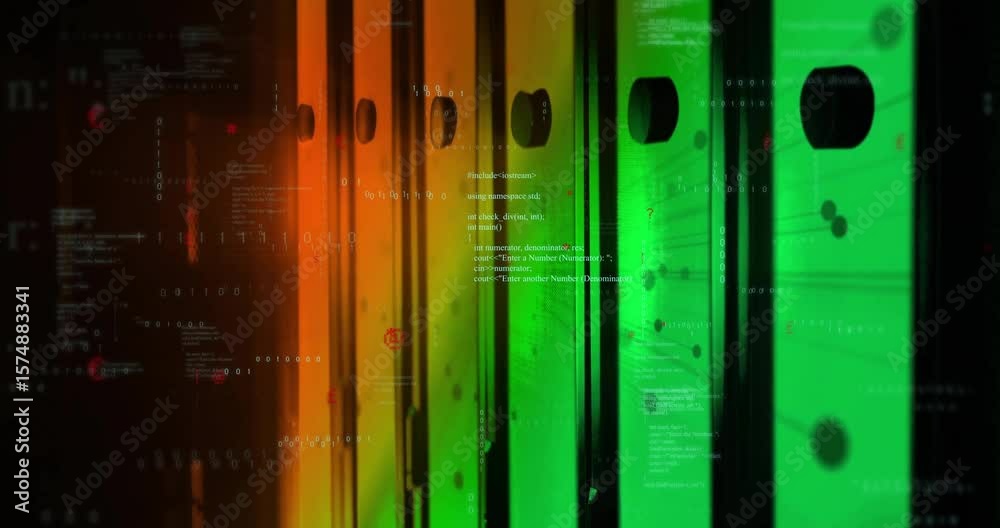 Poster on start, translucent gradient bars shifting colors and pulsing code overlays visualizing data flow