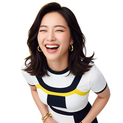 A woman with a joyous laugh and closed eyes wears a cool color-blocked top and gold jewelry