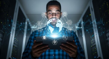 Man using tablet with digital globe and network icons.
