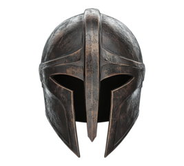 A helmet with a black face and a gold rim