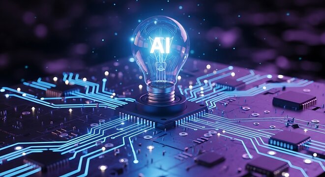 Artificial intelligence lightbulb on a circuit board concept