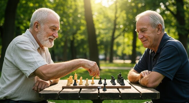 Elderly men playing chess outdoors in sunlight at a park