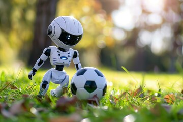 Futuristic robot ready to kick a soccer ball in a grassy field, showcasing artificial intelligence in sports and leisure