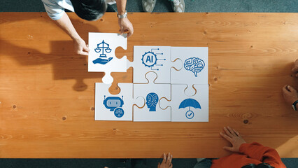 A dynamic teamwork scenario displaying a group designing a puzzle that represents ethical...