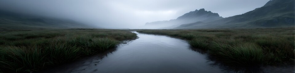 Fototapeta premium Fog rolling over misty mountain landscape with stream flowing through grass