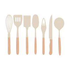 Kitchen utensils set with wooden handles in minimalist design  