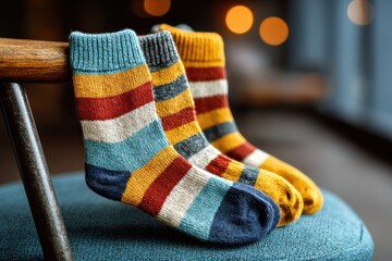 Close-up of three pairs of striped socks resting on a chair, cozy and colorful, with a blurred background and warm light, conveying comfort and relaxation and happy mood.