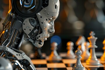 Fototapeta premium Futuristic robot playing chess, demonstrating artificial intelligence and strategic thinking
