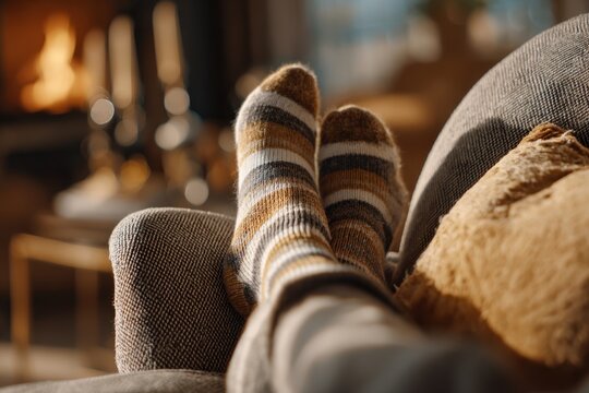Relaxing at home with feet up in striped socks in front of a fireplace, enjoying the warmth and comfort on a cozy evening, finding peace and tranquility. - Powered by Adobe