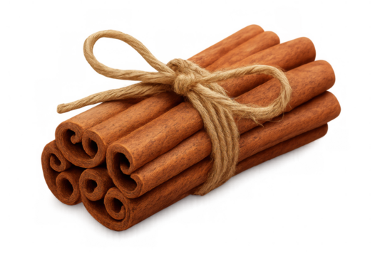Rustic cinnamon sticks bundled tightly, knotted with natural twine, resting against transparent backdrop for cooking and fragrance