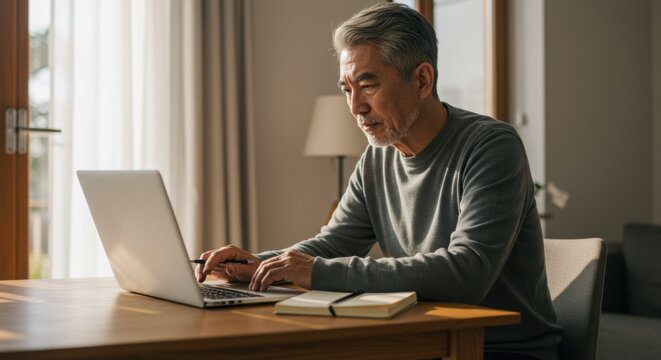 Elderly man working on laptop at home desk with natural light  