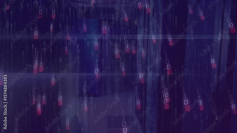 Poster binary digits appearing at corridor top, drifting down and cascading while visualizing data flow