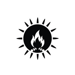 Black silhouette of sun with campfire icon heat warmth