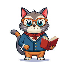 Adorable Nerdy Cat Wearing Thick Glasses Reading a Book – Cute Smart Cat Character Vector Illustration Isolated on White Background for Educational or Fun Designs