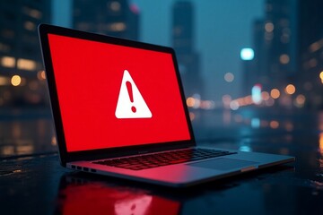 Laptop screen shows a warning sign, symbolizing global tech outages and system hacks.

