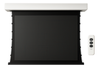 Ceiling-recessed motorized screen with tab-tensioned edges and a remote control