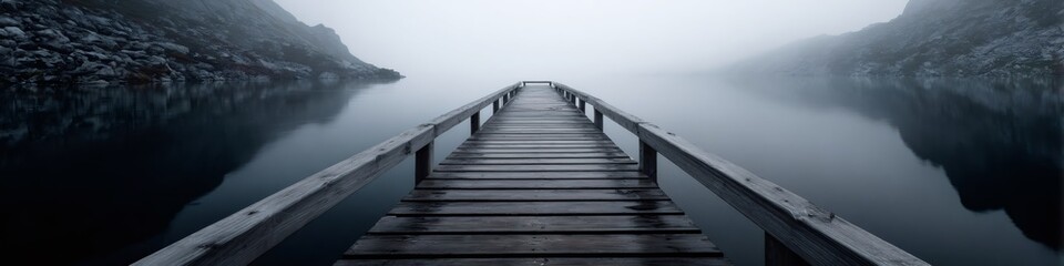 Wooden pier stretching into misty lake surrounded by mountains