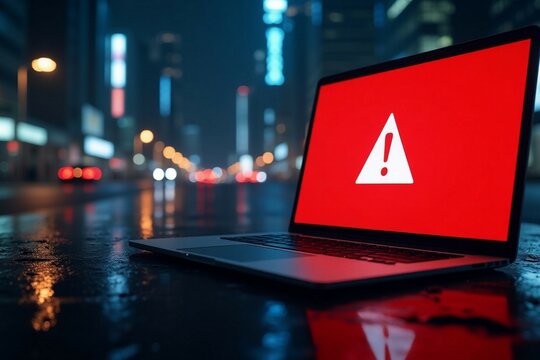 Laptop screen shows a warning sign, symbolizing global tech outages and system hacks.

