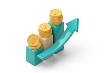 3D icon of an upward bar graph with four ascending bars, each bar higher than the previous one, topped with a smooth teal arrow indicating growth.