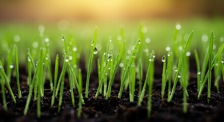 A close up shot of green grass blades with water droplets in soft focus background in morning light