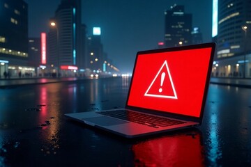 Laptop screen shows a warning sign, symbolizing global tech outages and system hacks.

