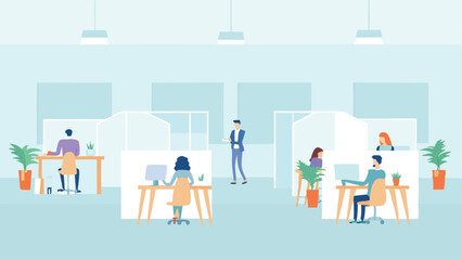 Illustration of a modern office space with employees working at their desks and one standing with coffee
