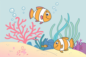 Fototapeta premium Vibrant cartoon coral reef scene with marine life and bright colors