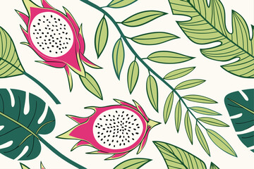 Vibrant seamless dragon fruit pattern with tropical floral elements