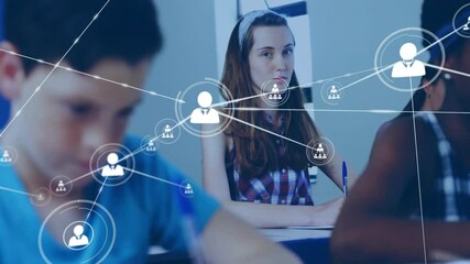 Three students writing while user-icon appearing, forming network showing classroom collaboration - Powered by Adobe