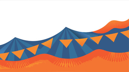 Illustration of a blue and orange circus tent with triangular flags and decorative fringe design element