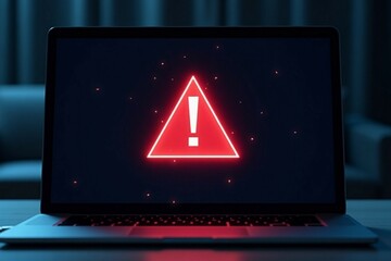 Laptop screen shows a warning sign, symbolizing global tech outages and system hacks.


