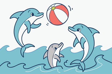 Naklejka premium Playful cartoon dolphins interacting with a beach ball in a vibrant ocean scene
